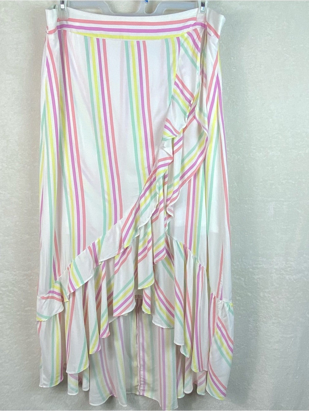 Torrid Hi-Low Ruffle Faux Wrap Maxi Skirt Pastel Striped Rayon Chic Coastal Sz 2